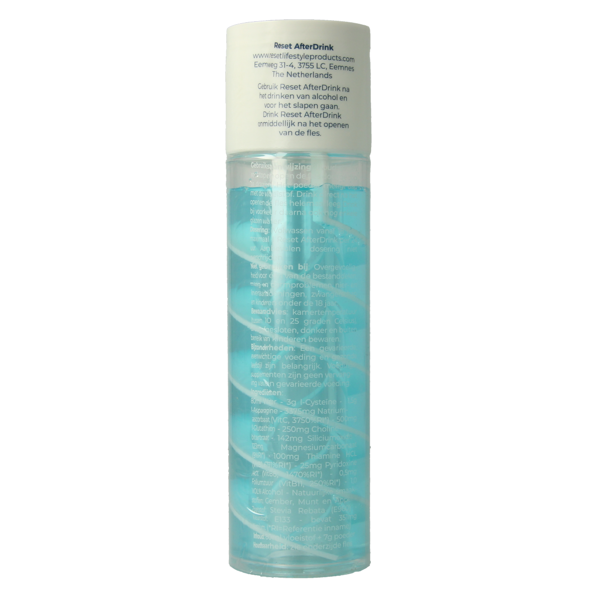 Reset After Drink 80ml and 7g multi-vitamin supplement, featuring a colorful bottle and packaging for revitalizing health.
