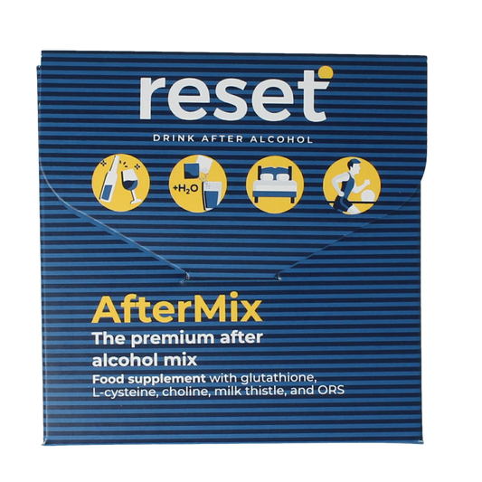 Reset Aftermix 2.00 sachets of multivitamin supplement, showing the colorful sachets and packaging for health support.