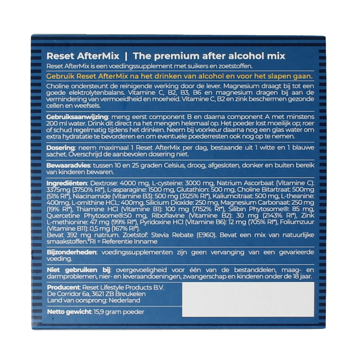 Reset Aftermix 2.00 Sachets vitamin multivitamin pack, showing colorful sachets with multivitamin ingredients and Reset branding.