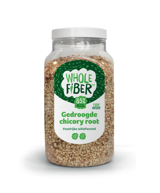 WholeFiber dried chicory root (witlofwortel) in 350g package, herbal supplement for culinary and health use.