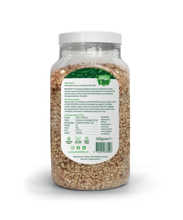 WholeFiber dried chicory root in 350g pack, natural herbal preparation with whole chicory root visible in the image.
