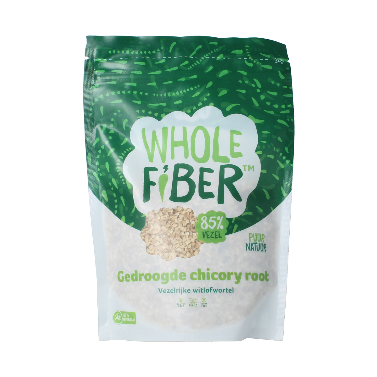 WholeFiber gedroogde chicory root, witlofwortel, 175g, rich in vezels en enzymen, shown in a clear package with dried roots inside.