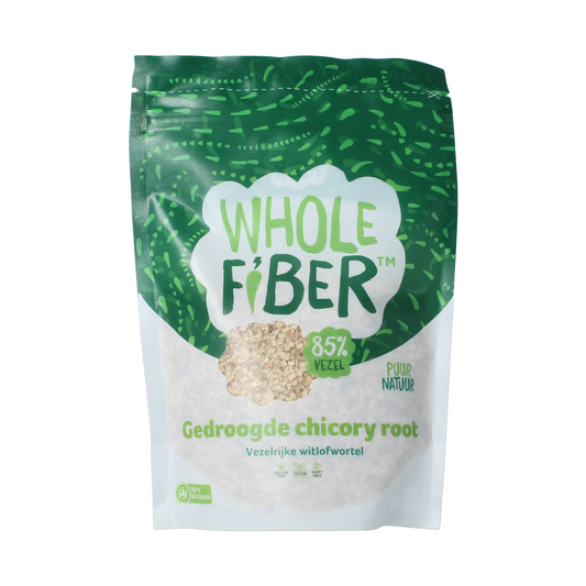 WholeFiber gedroogde chicory root, witlofwortel, 175g, rich in vezels en enzymen, shown in a clear package with dried roots inside.