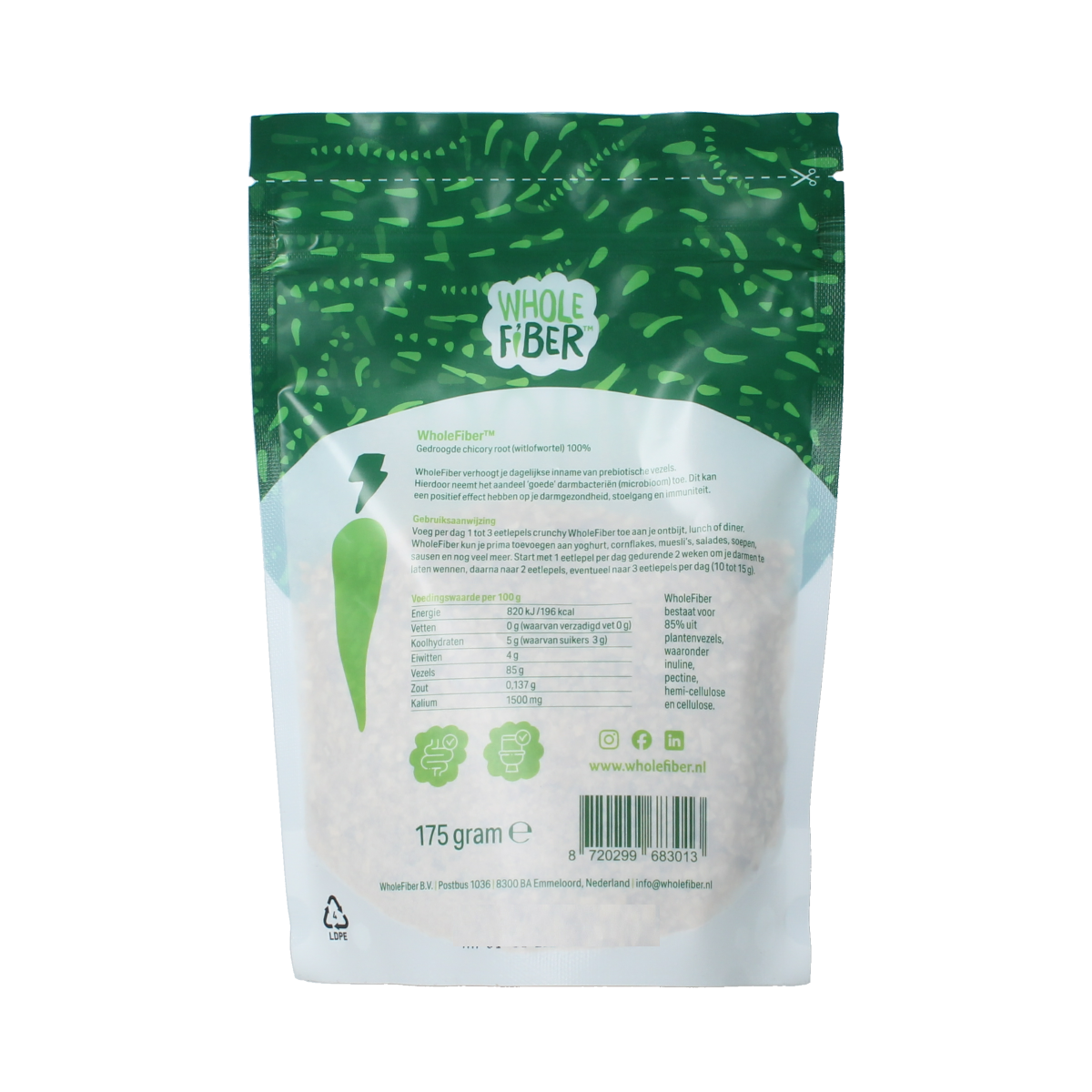 WholeFiber dried chicory root, witlofwortel, in 175g package, rich in fibers and enzymes, natural root supplement.