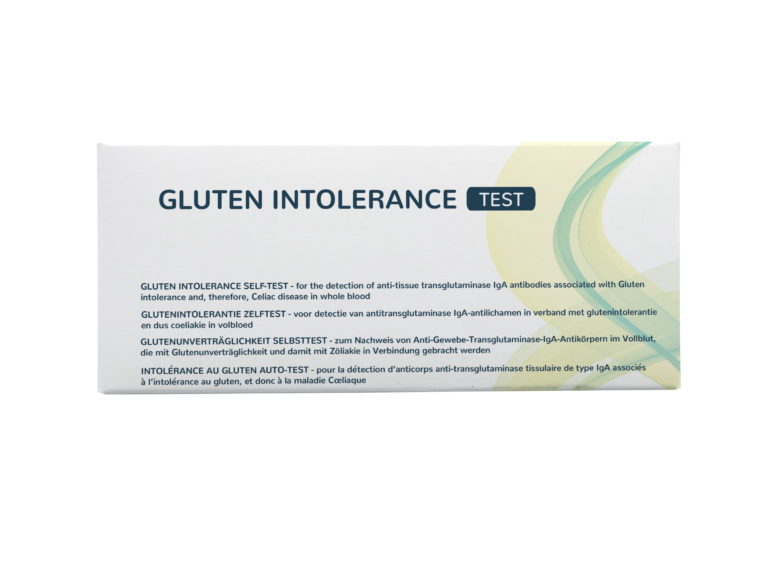 The Tester gluten zelftest kit with one test strip for quick gluten sensitivity detection, showing packaging and test strip.
