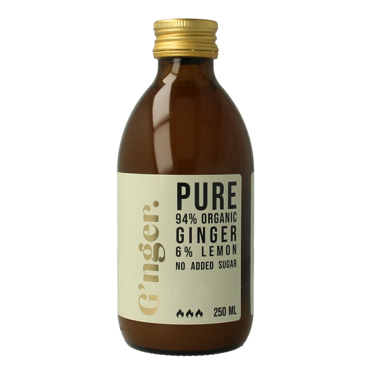 G'nger organic ginger and lemon juice drink in 250ml bottle, natural beverage with fresh ginger and lemon flavor.