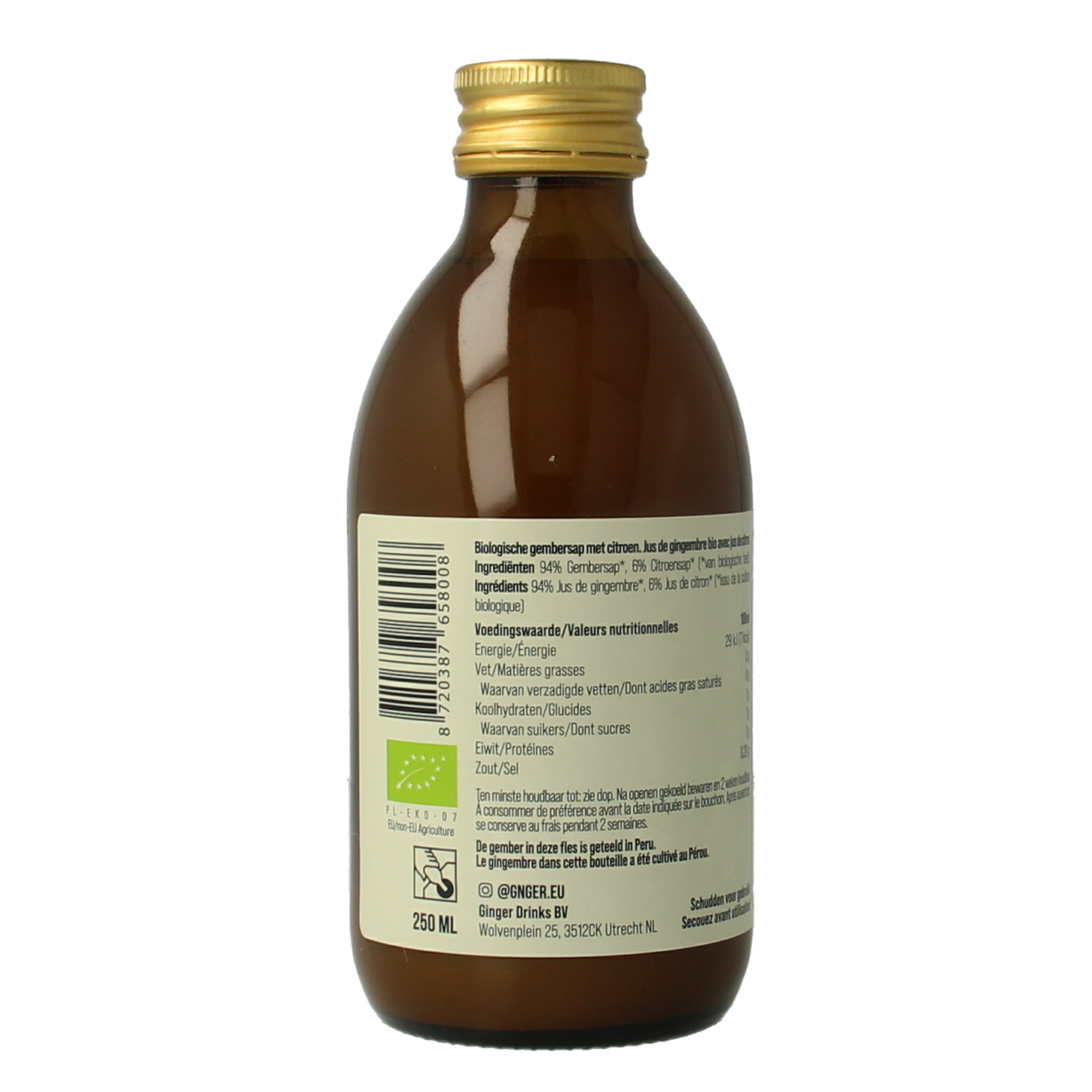 G'nger Gembersap met citroensap in een glas, biologische gembersap met citroensap, dranken en sappen, G'nger merk