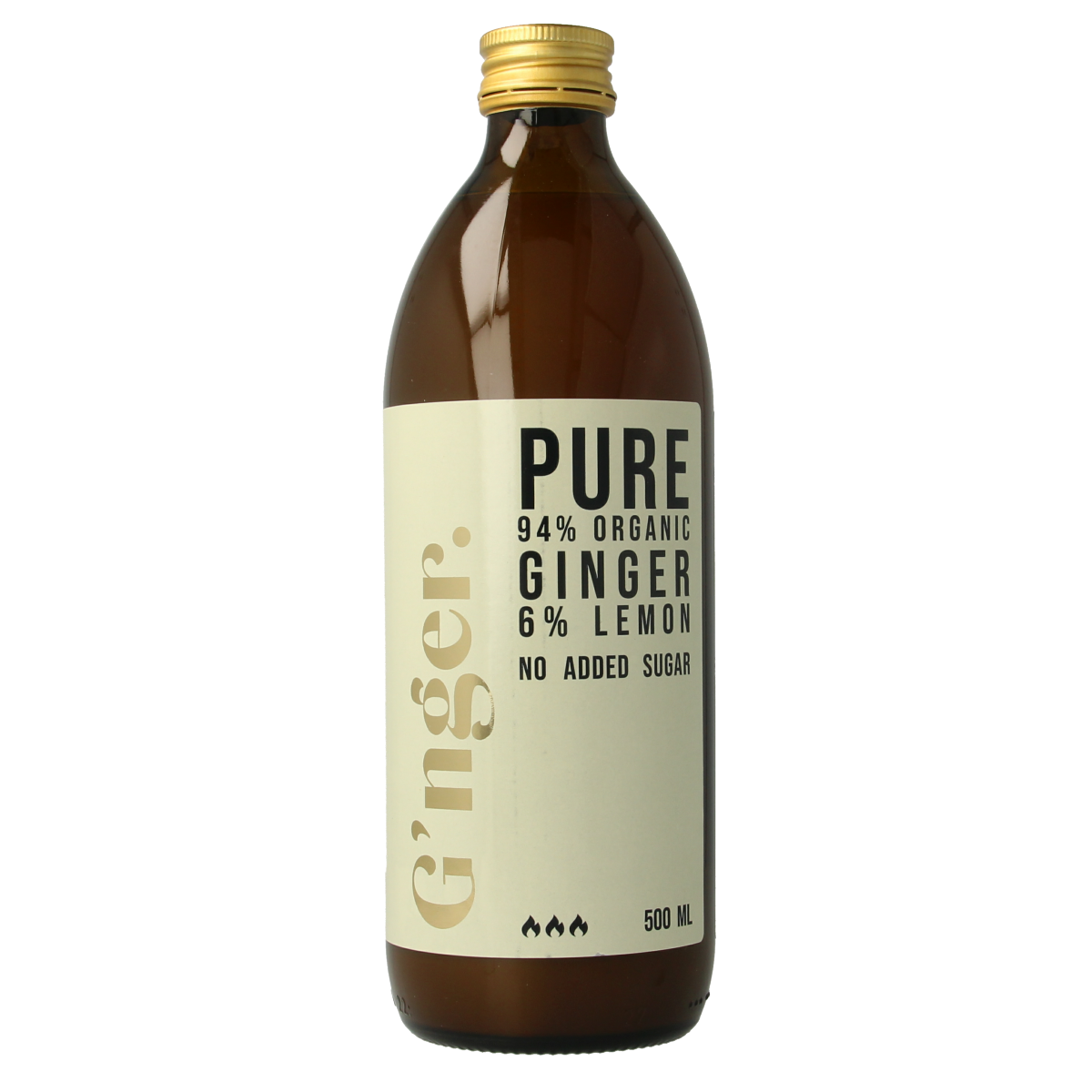 Organic G'nger Gembersap with citroensap in a 500ml bottle, natural ginger and lemon juice drink from G'nger.