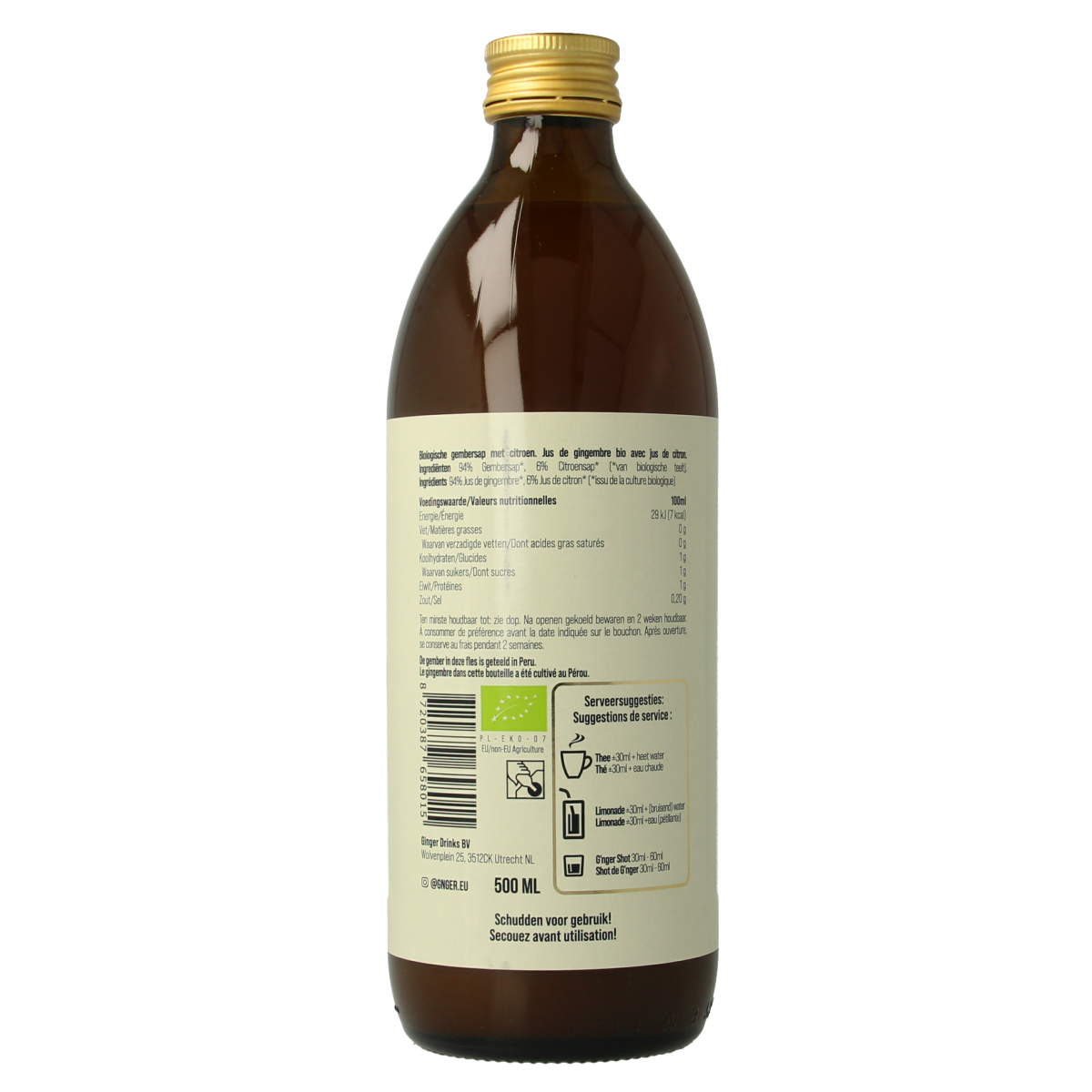 G'nger Gembersap met citroensap biologische drank in 500ml bottle, fresh ginger and lemon juice for health and flavor.