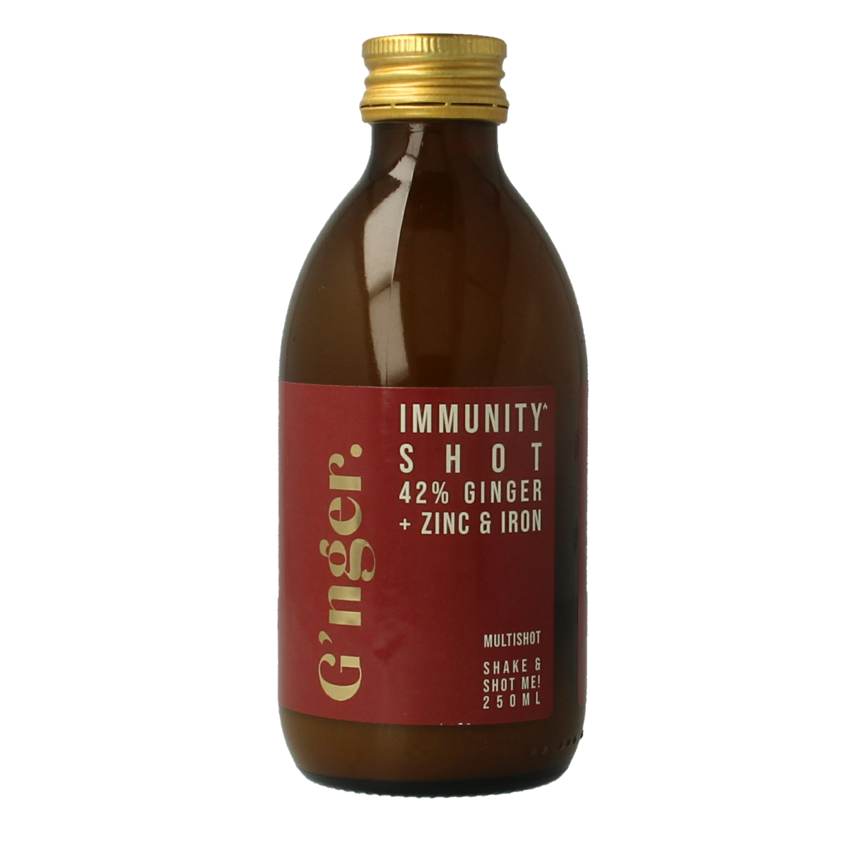 G'nger Shot gember vruchtensap in 250ml bottle, natural ginger fruit juice drink for immunity support, branded G'nger.