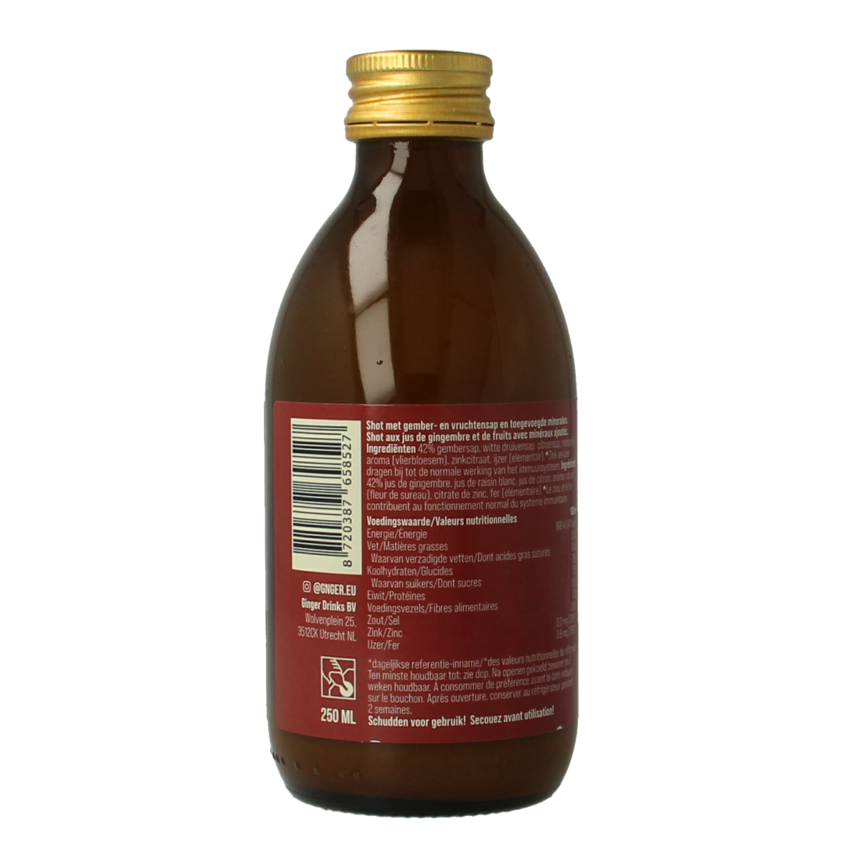 G'nger Shot gember vruchtensap immunity in a 250ml bottle with fresh ginger and fruit juice visible inside