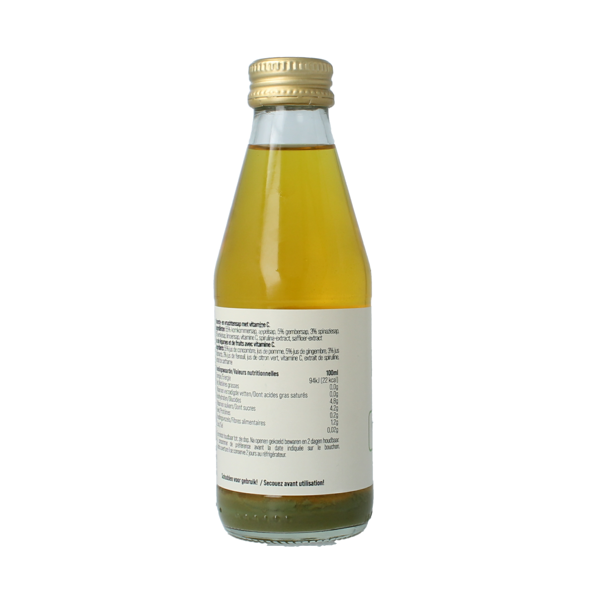 G'nger Renew groentesap bottle with 61% vegetables, 200ml, in a clear glass container showing fresh green juice