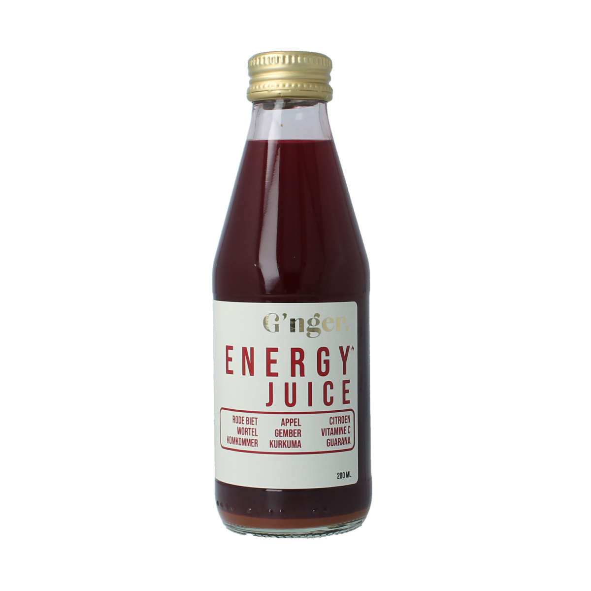 G'nger Energy groentesap with 75% vegetables and guarana, 200ml bottle, fresh vegetable drink from G'nger brand.
