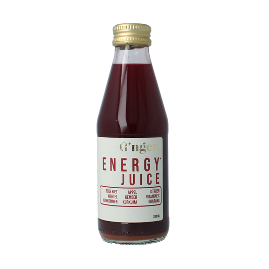 G'nger Energy groentesap with 75% vegetables and guarana, 200ml bottle, fresh vegetable drink from G'nger brand.
