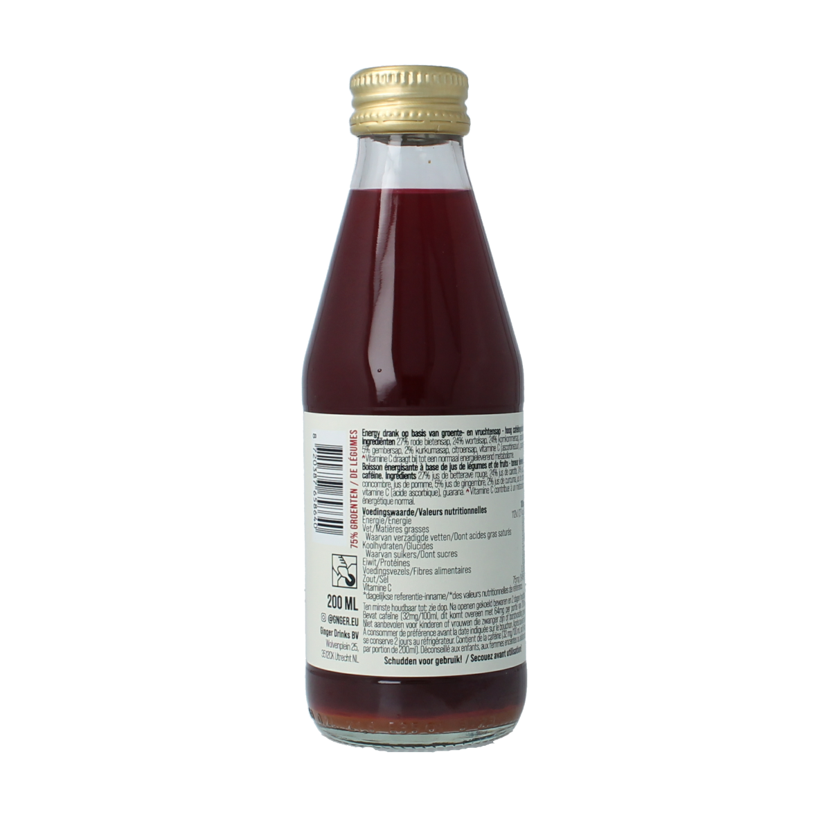 G'nger Energy vegetable juice with guarana in a 200ml bottle, containing 75% vegetables and natural energizers.