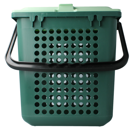 Biomat Airbox waste bin with holes, 26x19.8x25.6 cm, designed for household trash bags, depicted in the image.
