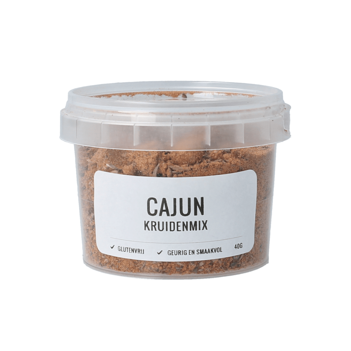 Myx Cajun kruidenmix glutenfree 40g jar, spicy seasoning blend for flavorful dishes, shown in a clear container.