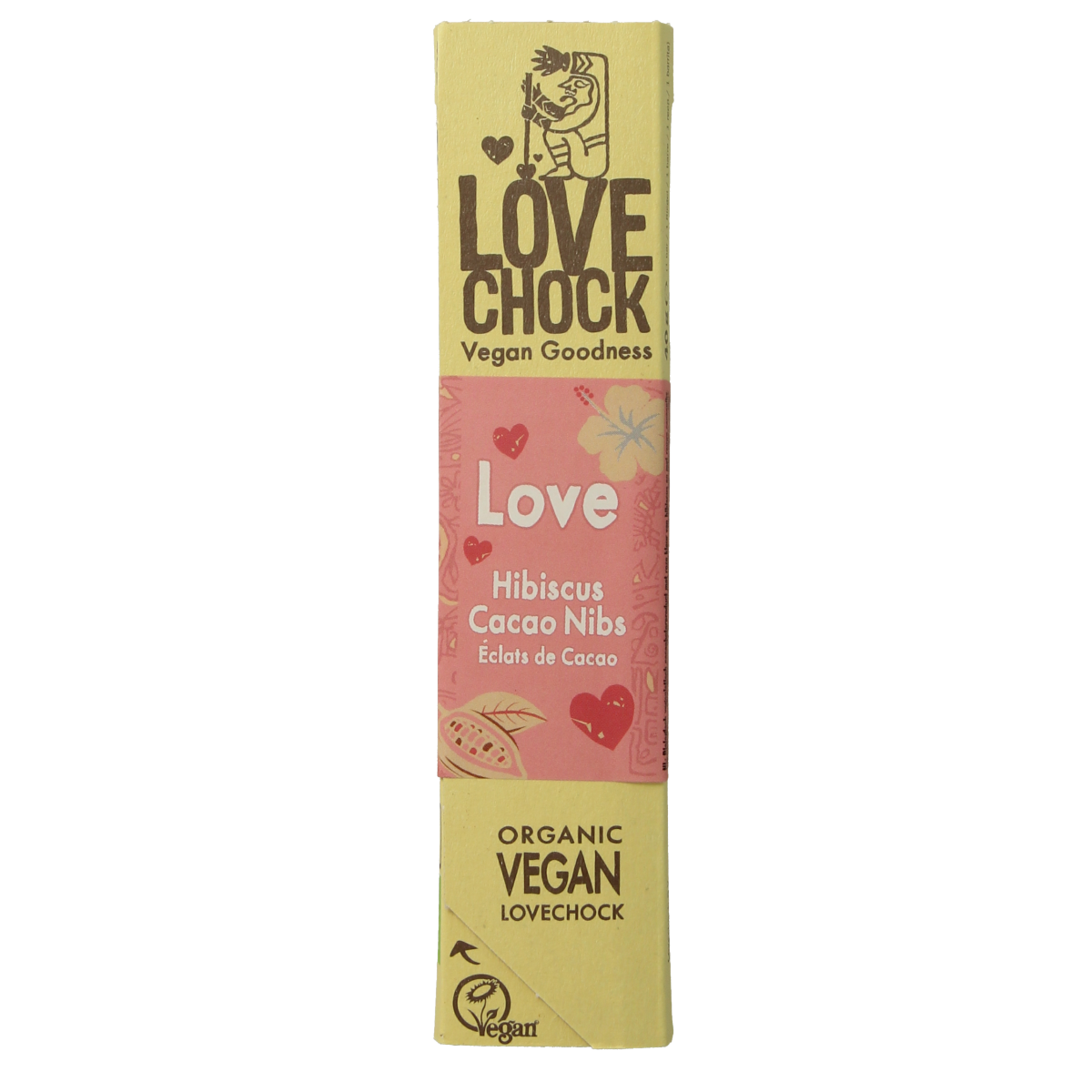 Lovechock Love hibiscus cacao nibs bio chocolate bar, 40g, showing the packaging with cacao nibs and hibiscus ingredients.