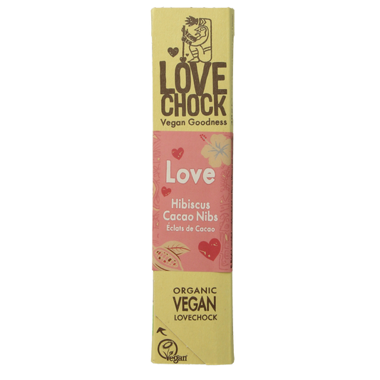 Lovechock Love hibiscus cacao nibs bio chocolate bar, 40g, showing the packaging with cacao nibs and hibiscus ingredients.
