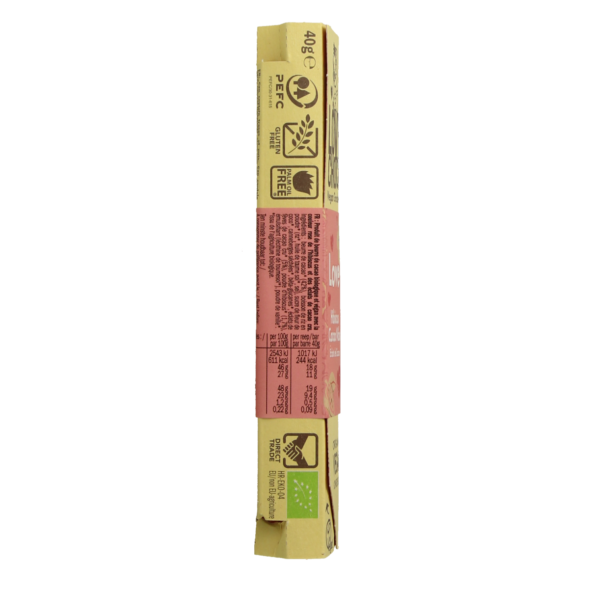 Lovechock Love hibiscus cacao nibs bio chocolate bar, 40g, featuring dark chocolate with hibiscus and cacao nibs.