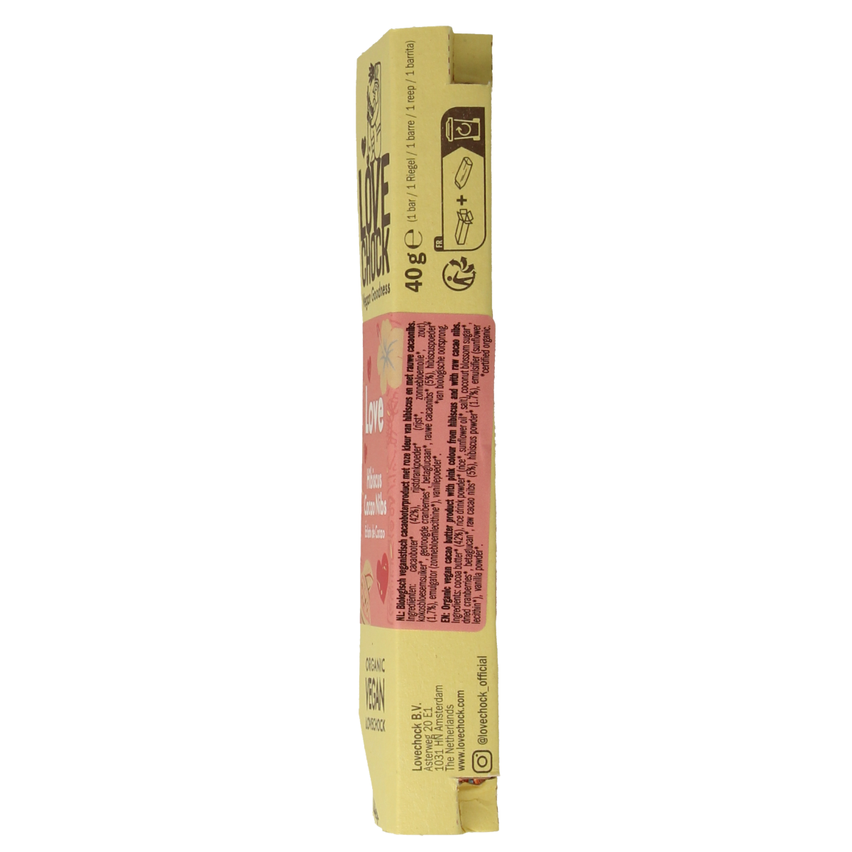 Lovechock Love hibiscus cacao nibs bio chocolate bar with hibiscus flowers and cacao nibs, 40g, natural and organic ingredients.
