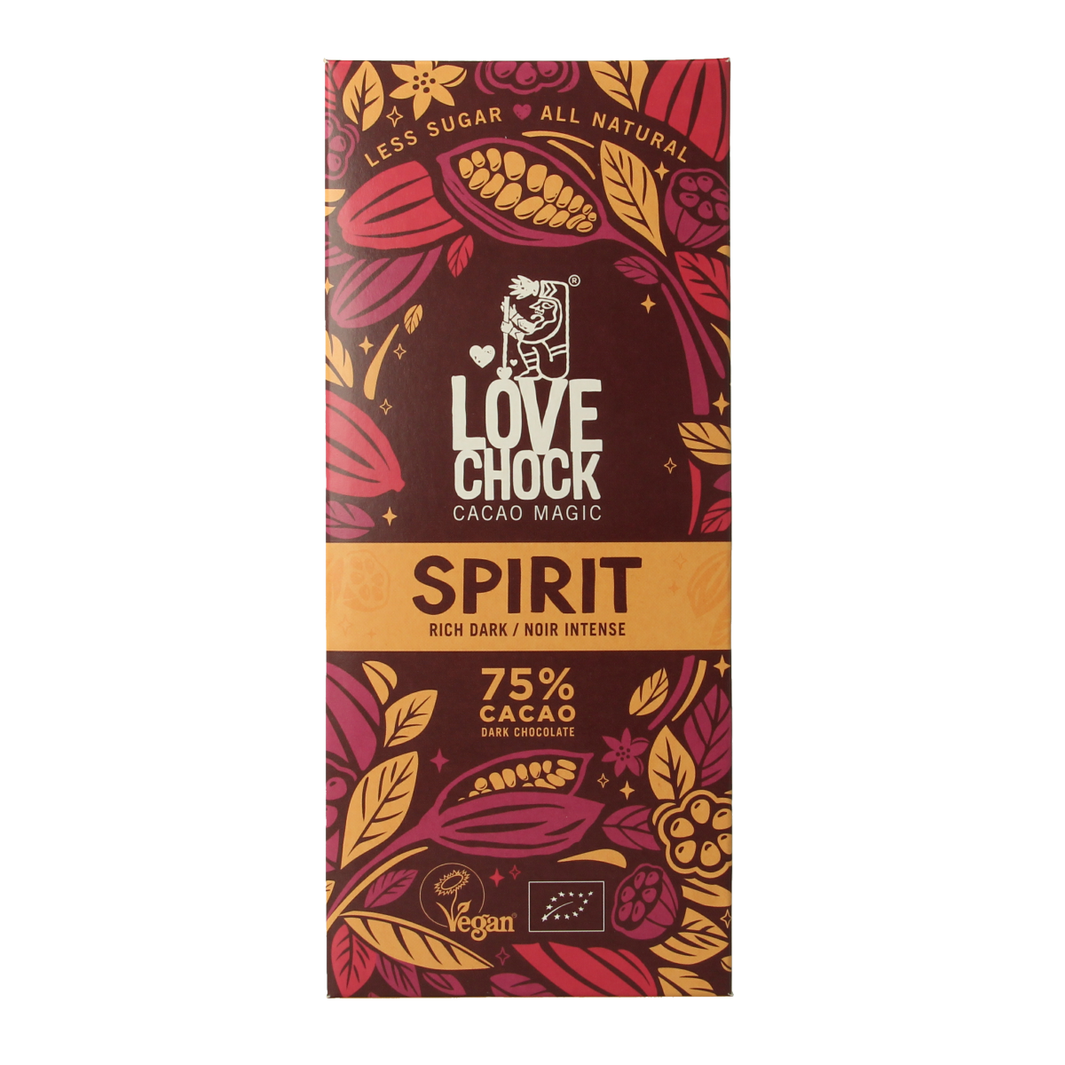 Lovechock Spirit rich dark organic chocolate bar, 70g, with a smooth, glossy surface and visible textured edges.