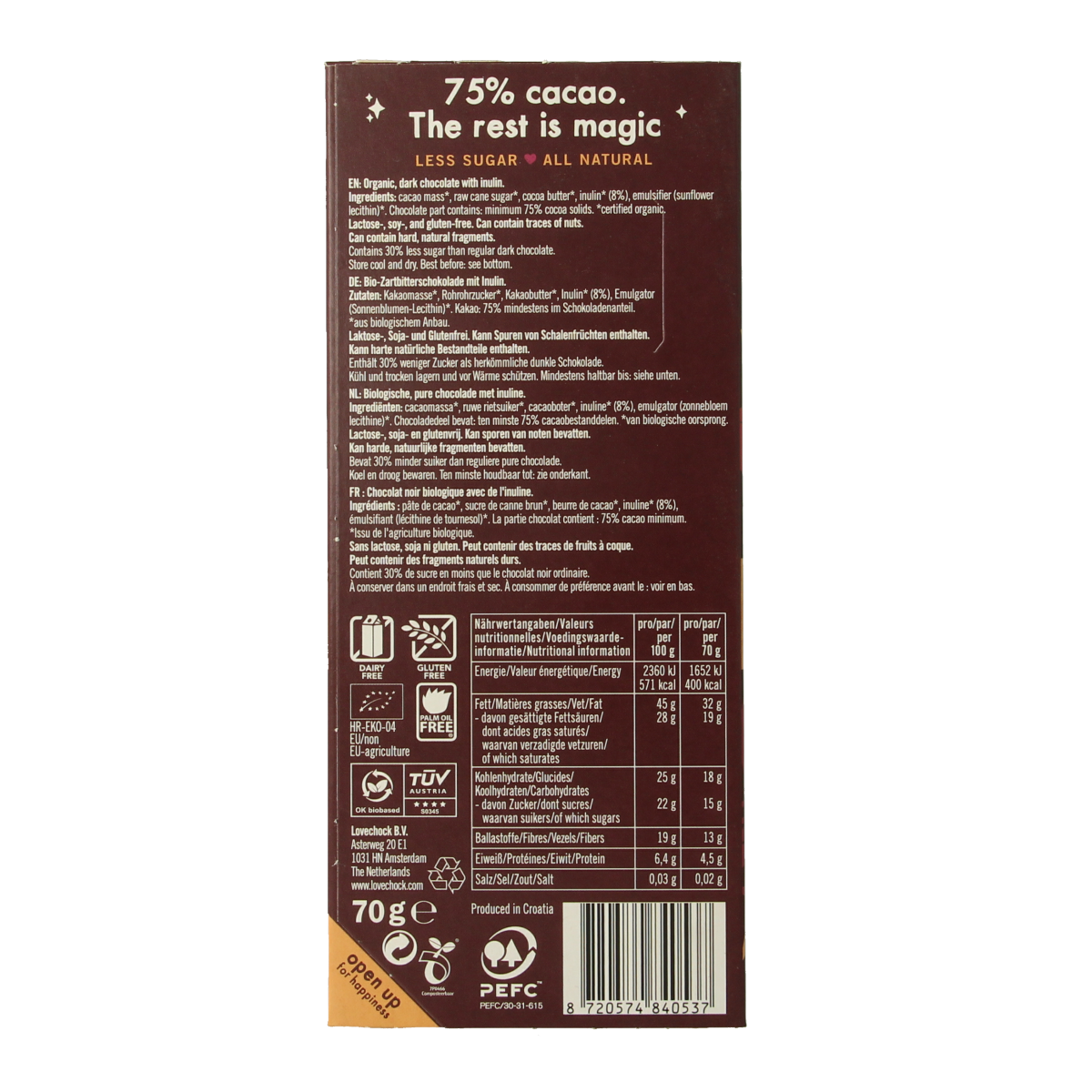 Lovechock Spirit rich dark organic chocolate bar, 70 grams, with textured surface and deep cocoa color.