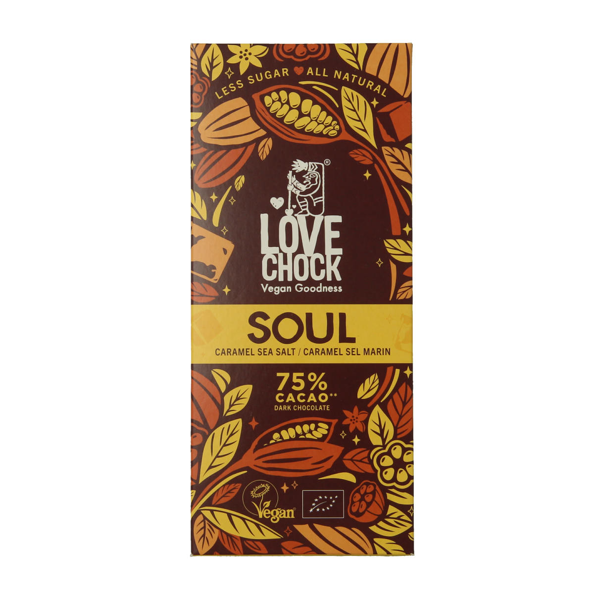 Lovechock Soul caramel sea salt organic chocolate bar with caramel and sea salt pieces in a 70g package.