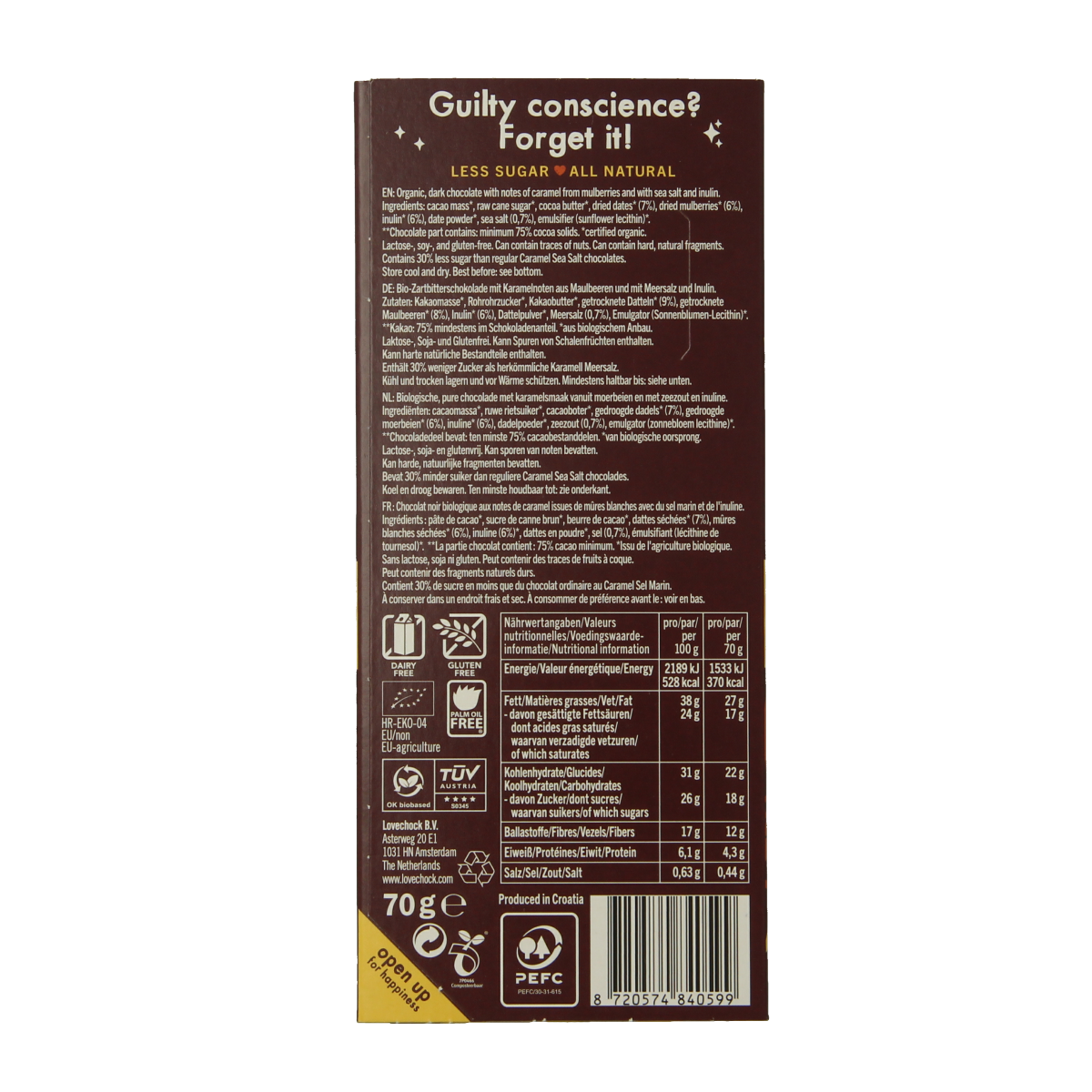 Lovechock Soul caramel sea salt organic chocolate bar showing caramel-filled squares with sea salt topping