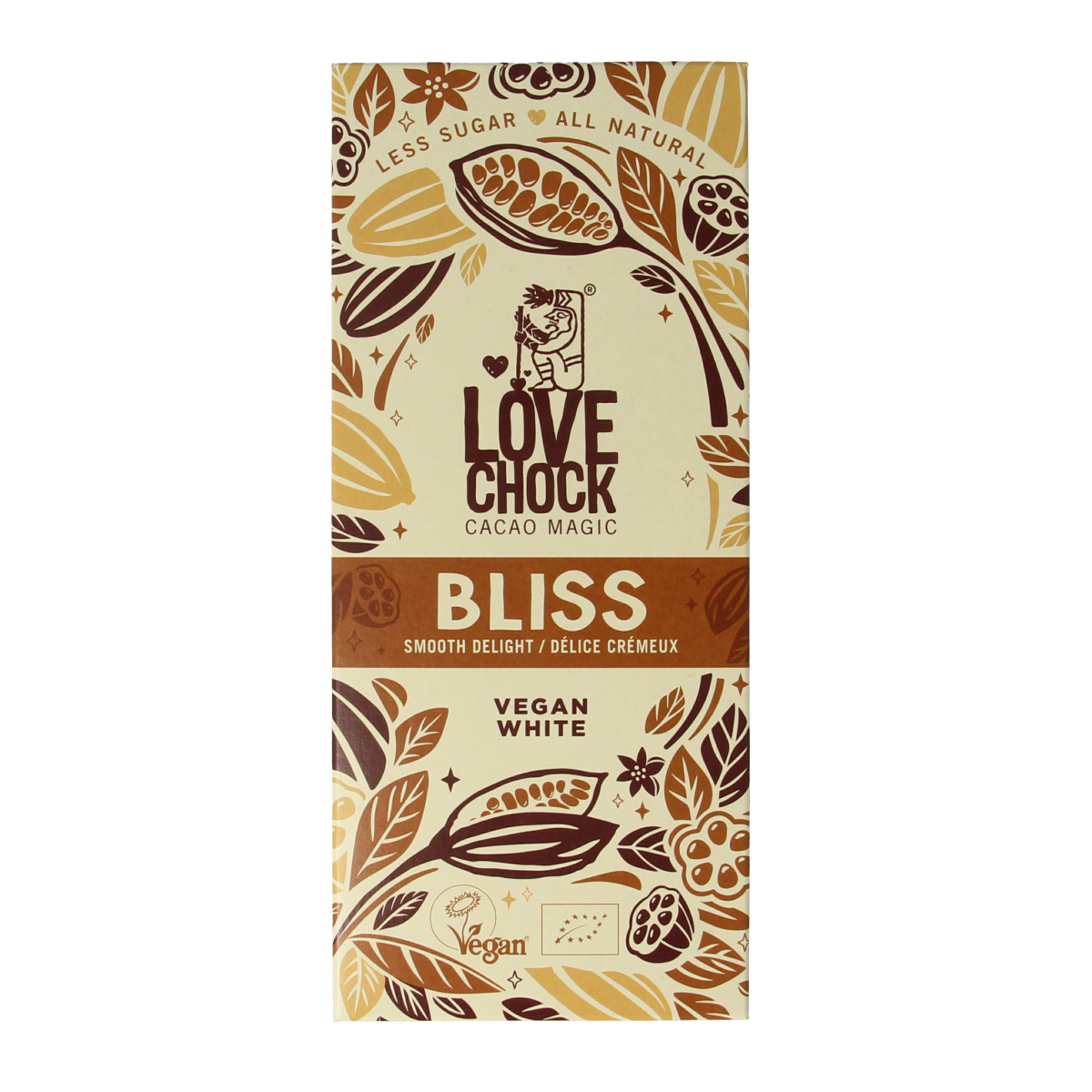 Lovechock Bliss smooth delight organic chocolate bar, 70g, with dark and creamy texture and natural ingredients.