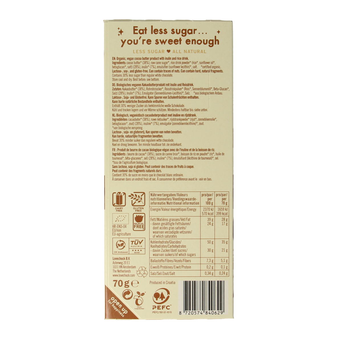 Lovechock Bliss smooth delight organic chocolate bar, 70g, with rich, creamy texture and natural ingredients.