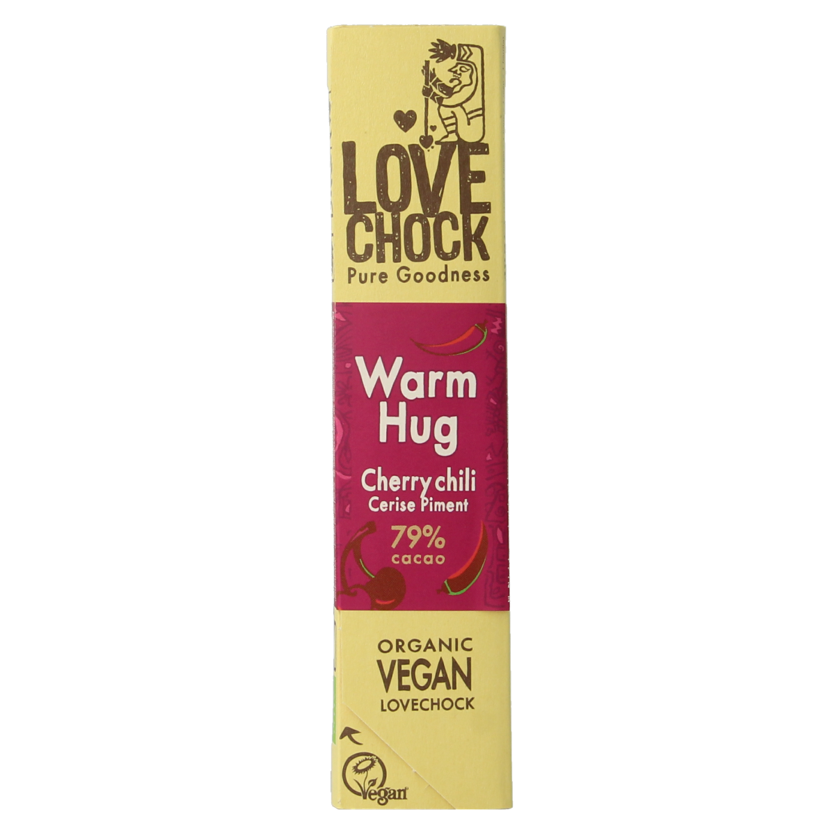 Lovechock Warm Hug organic chocolate candy, 40g, with a smooth, rich appearance and natural packaging details.