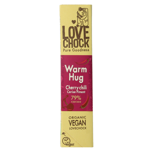 Lovechock Warm Hug organic chocolate candy, 40g, with a smooth, rich appearance and natural packaging details.
