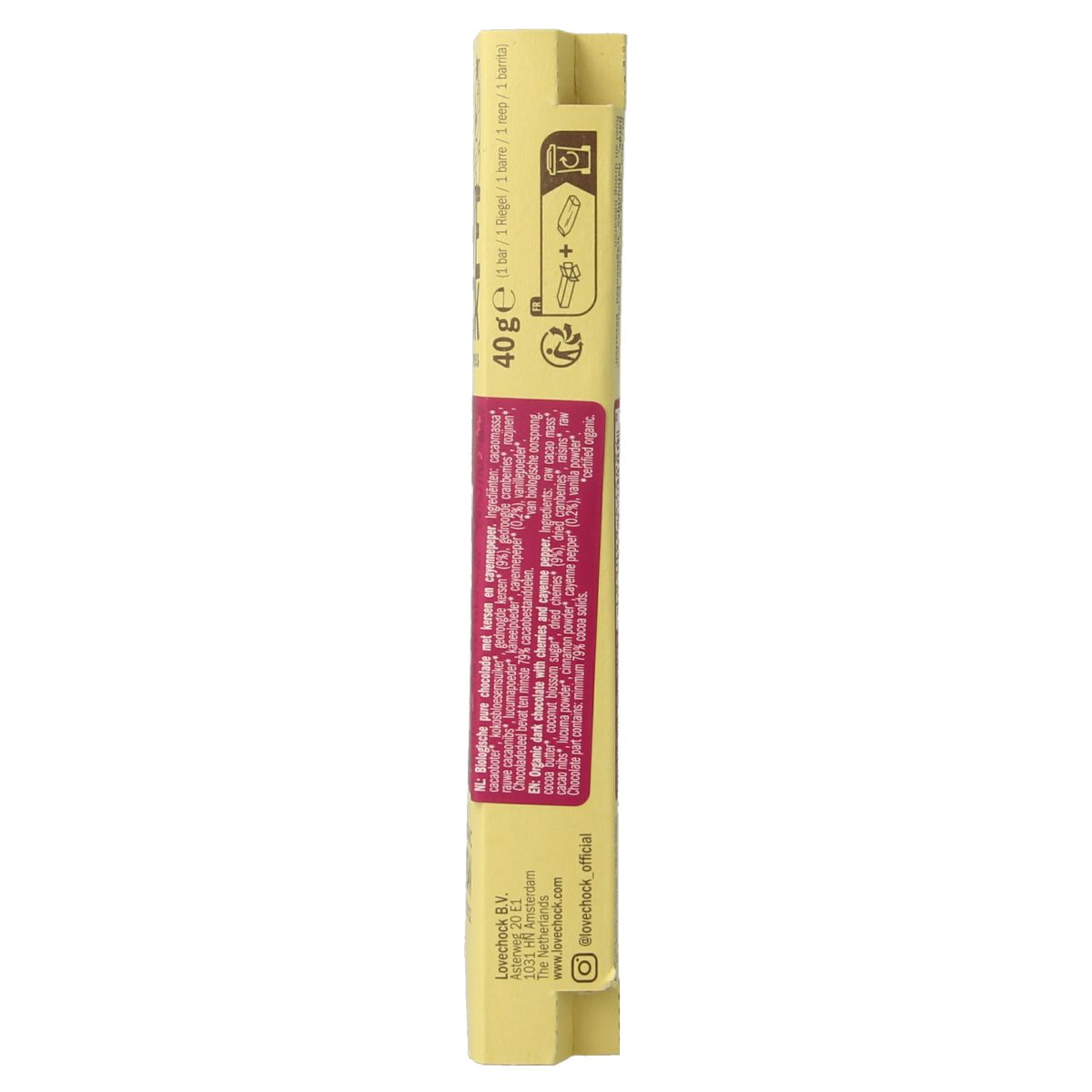 Lovechock Warm Hug bio snoepgoed in 40g package, featuring organic chocolate with warm, comforting flavors and natural ingredients.