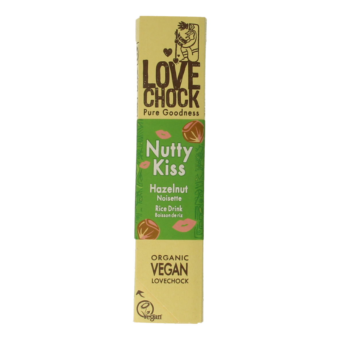 Lovechock Nutty Kiss bio chocolate snack in 40g package, featuring a nutty, organic snoepgoed with a smooth chocolate coating.
