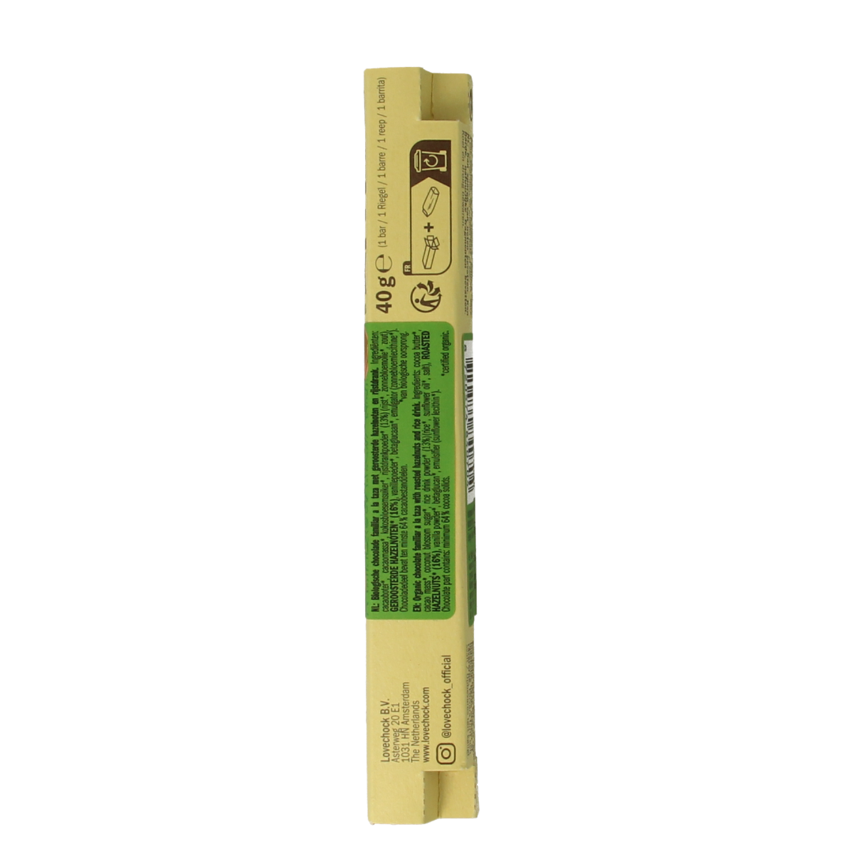 Lovechock Nutty Kiss organic chocolate snack in a 40g package, showing textured chocolate with nut pieces.