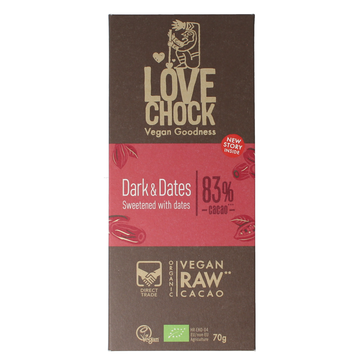 Lovechock Dark & Dates organic chocolate bar, 70g, showing the chocolate with date pieces and packaging.