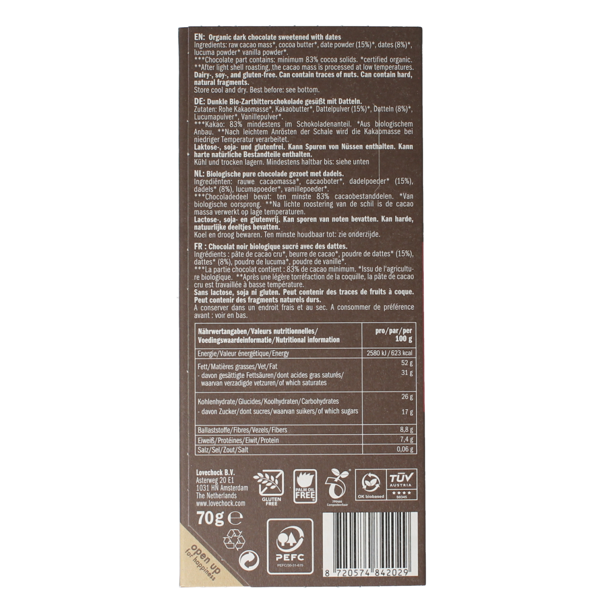 Lovechock Dark & Dates organic chocolate bar, 70g, with rich dark chocolate and sweet dates in natural packaging.