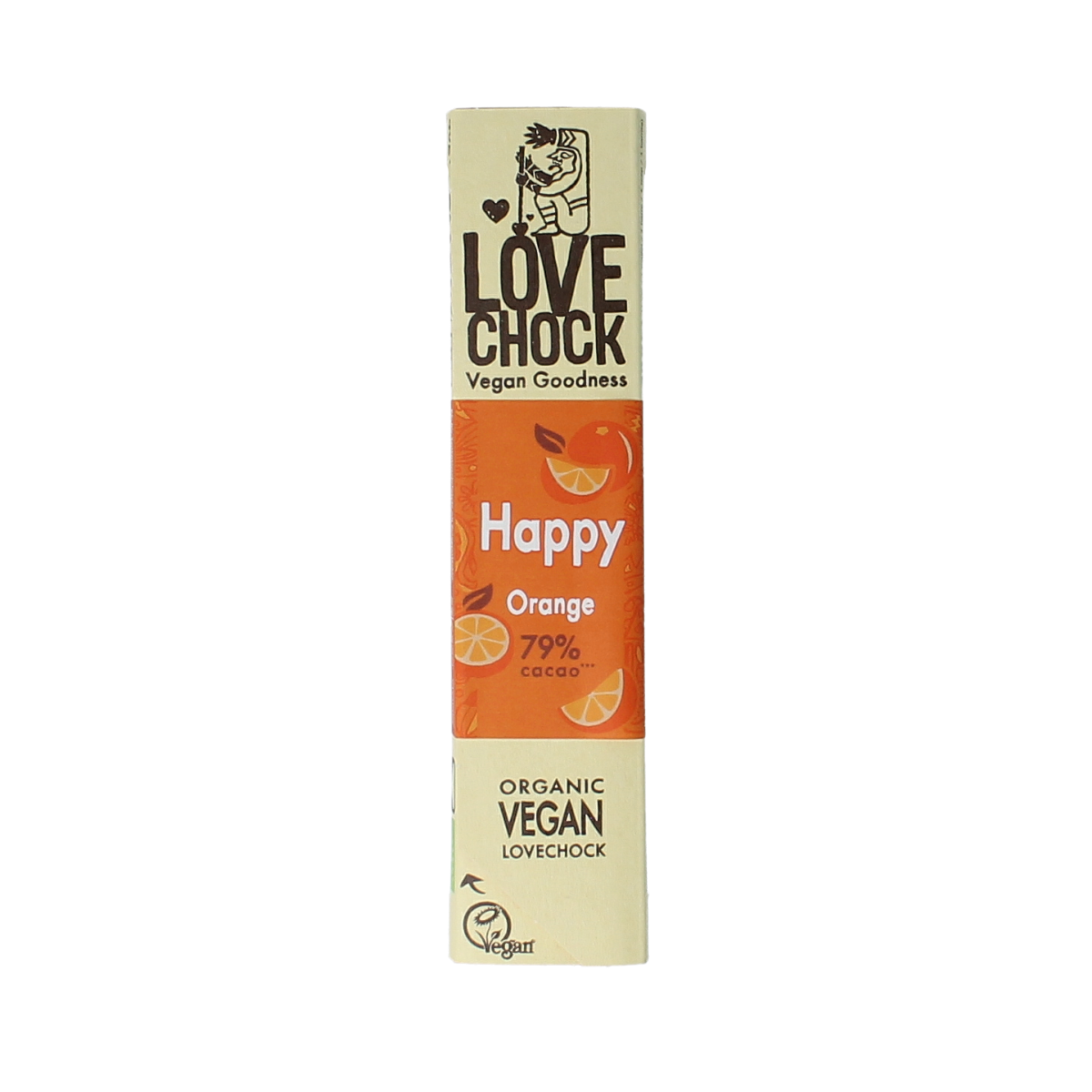 Lovechock Happy organic chocolate bar, 40g, with visible textured surface and colorful packaging.
