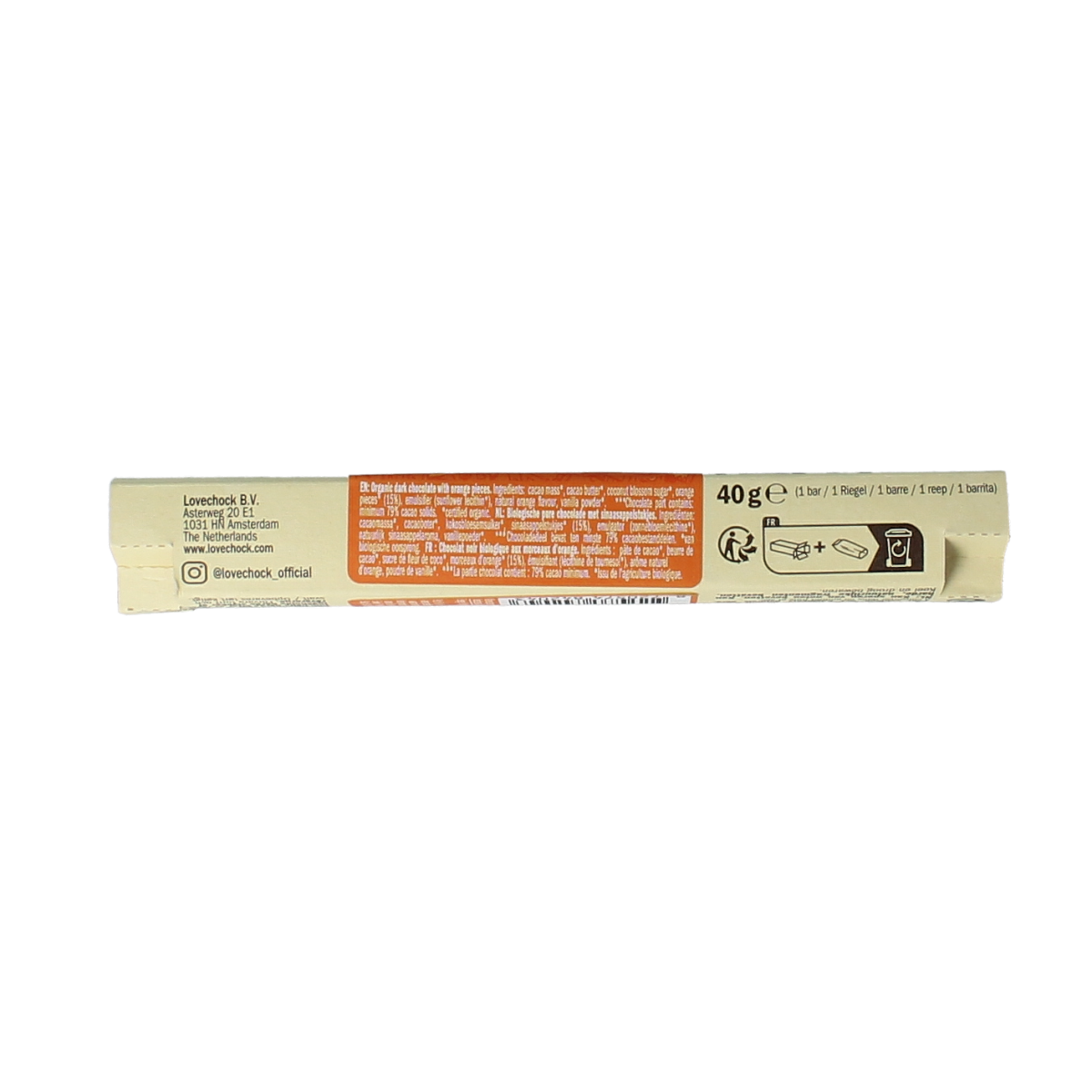 Lovechock Happy bio chocolate bar, 40g, with colorful packaging and natural ingredients, showcasing a premium organic chocolate product.
