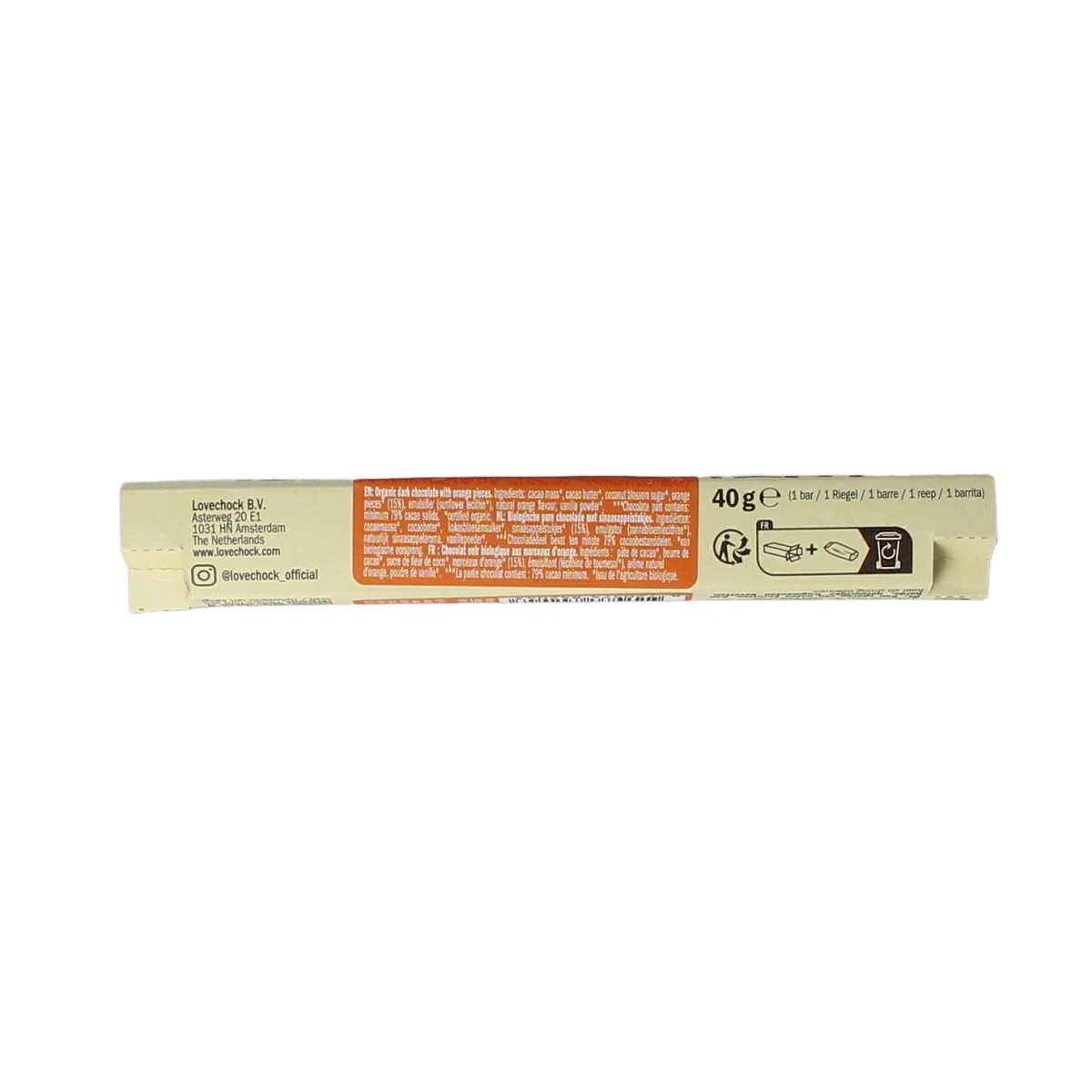 Lovechock Happy bio chocolate bar 40g with dark chocolate and natural ingredients, shown in the image.