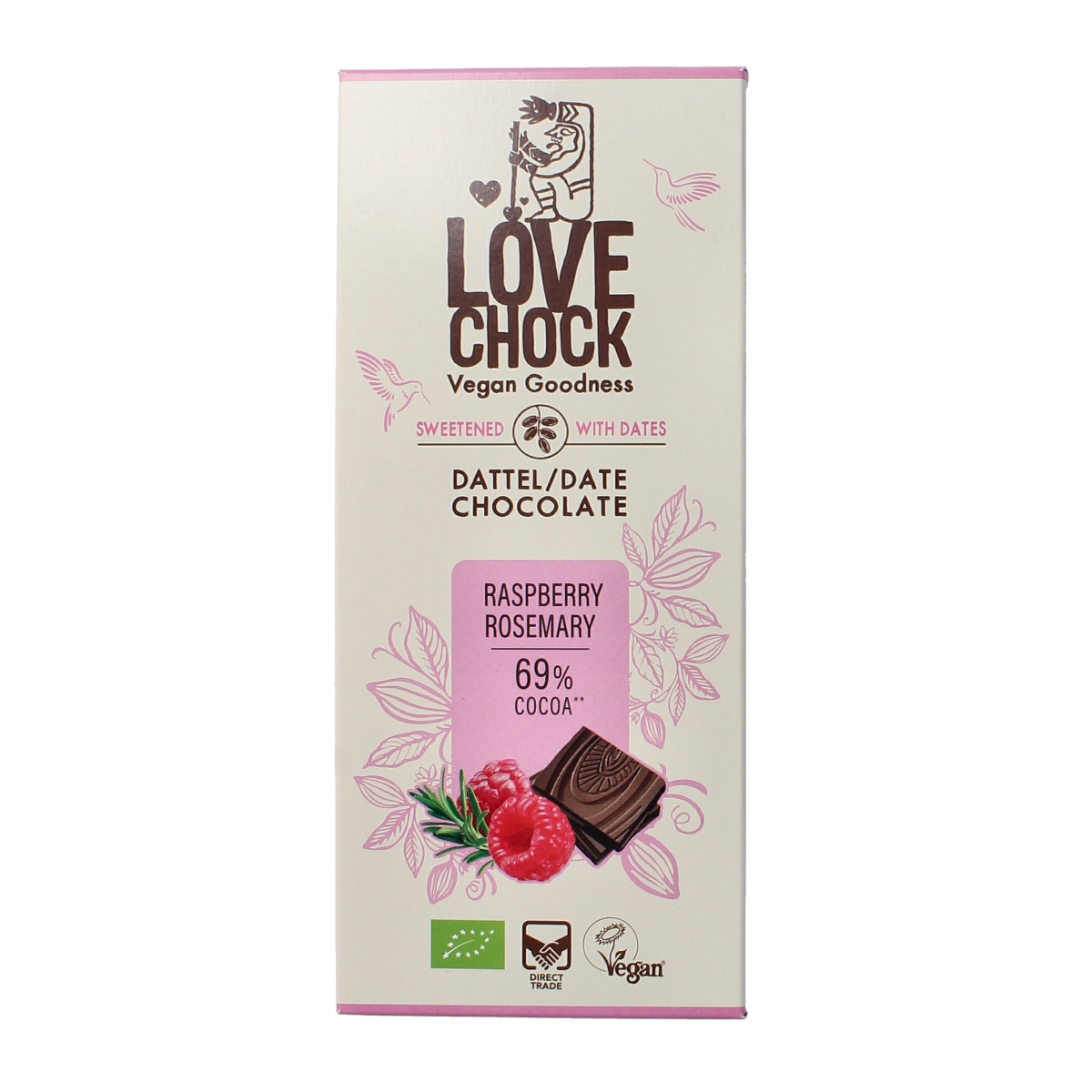 Lovechock Raspberry Rosemary organic chocolate bar, 70g, showcasing dark chocolate with raspberry and rosemary ingredients.