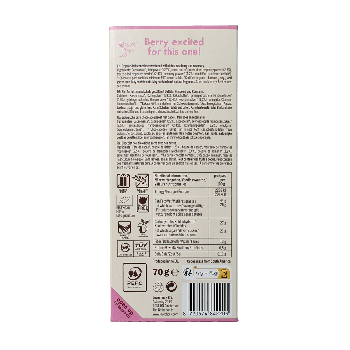 Lovechock Raspberry Rosemary organic chocolate bar with visible raspberry and rosemary pieces on the packaging.