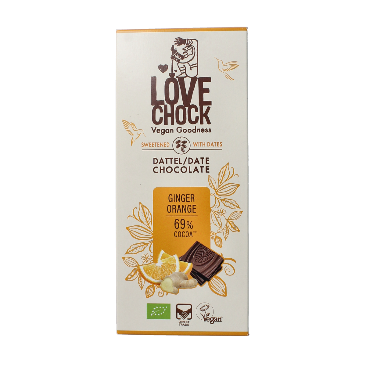 Lovechock ginger orange organic chocolate bar, 70g, with visible orange and ginger pieces on the surface.