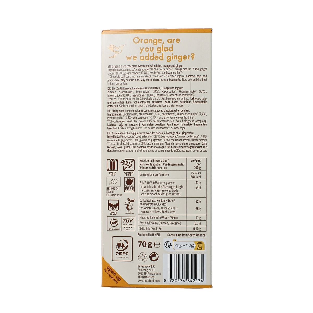 Lovechock ginger orange organic chocolate bar with orange and ginger pieces in a wrapper, 70 grams.