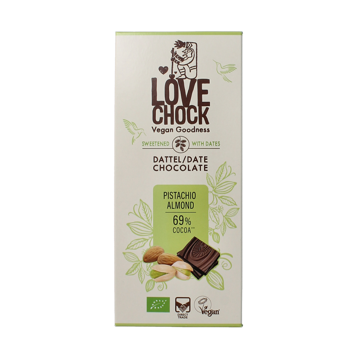 Lovechock Pistache almond organic chocolate bar, 70g, with visible pistache and almond pieces in dark chocolate