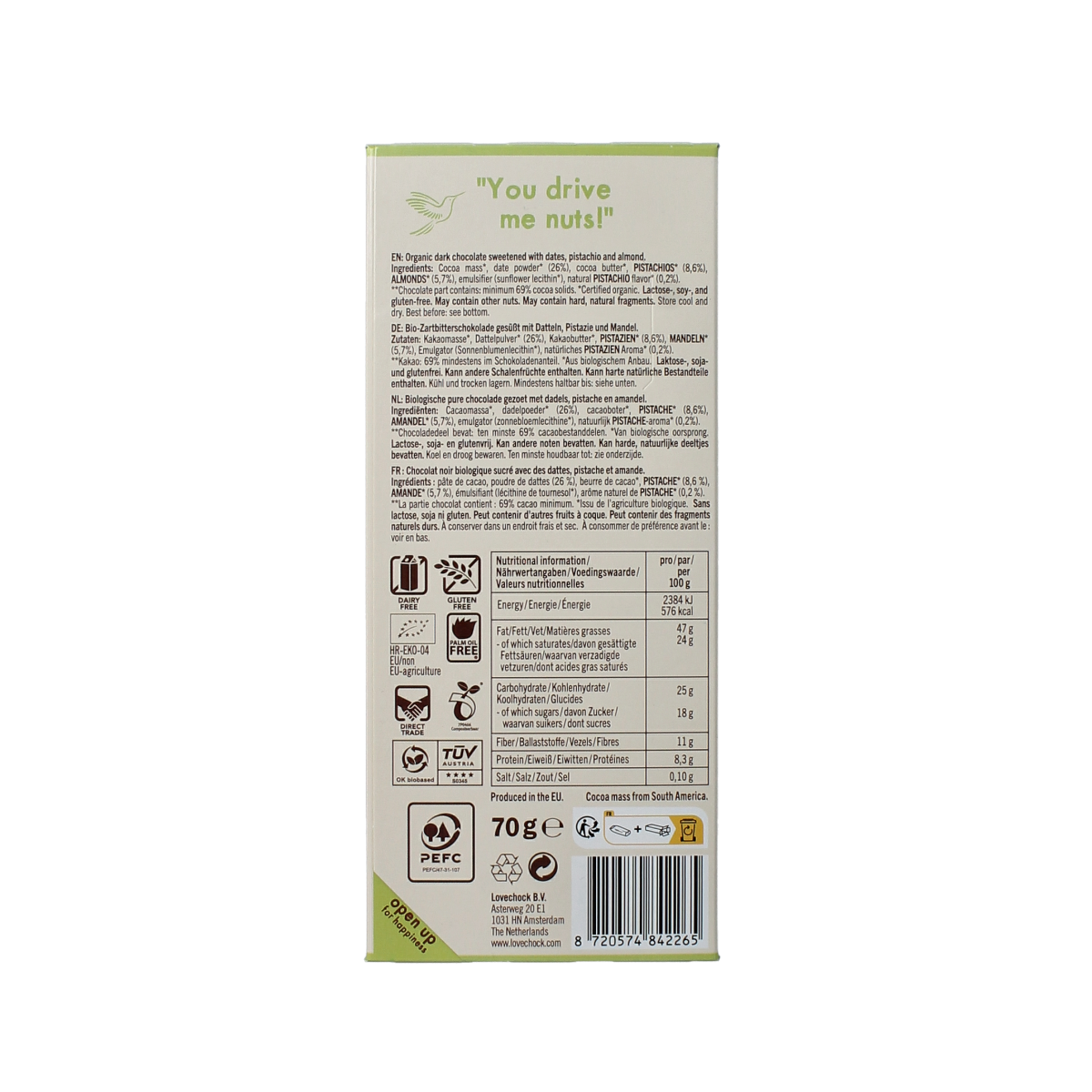Lovechock Pistache Almond organic chocolate bar, 70g, with visible pistachio and almond pieces in dark chocolate