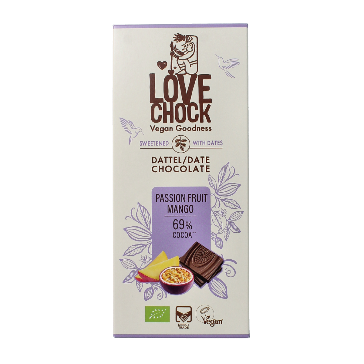 Lovechock Passionfruit Mango organic chocolate bar, 70g, showing the colorful packaging with passionfruit and mango illustrations.