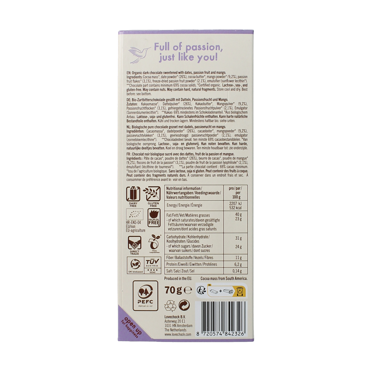 Lovechock Passionfruit Mango organic chocolate bar, 70g, featuring vibrant passionfruit and mango flavors in a natural chocolate package.