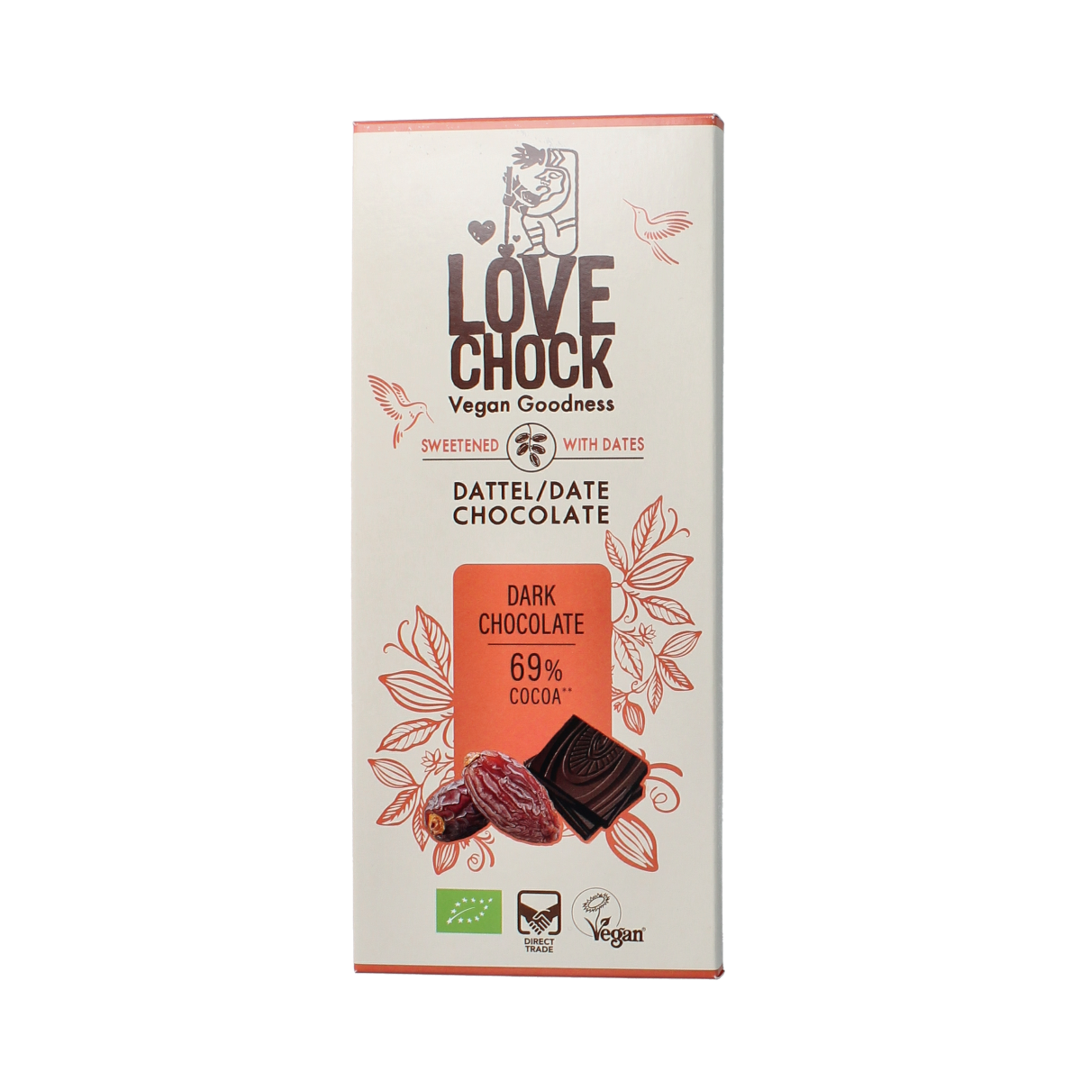 Lovechock dark chocolate bio 70g bar showing textured chocolate surface and packaging with natural branding.